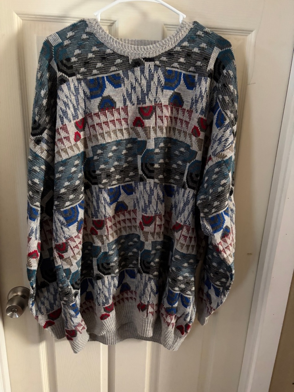 Men's Geometric Crewneck Sweater in Blue, Gray & Red